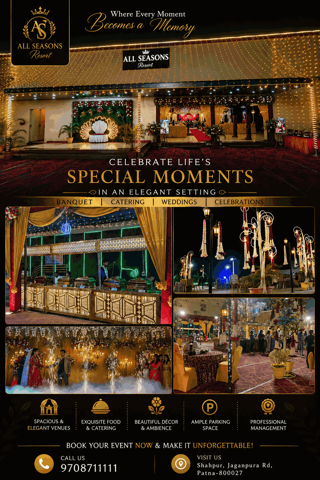 Decorated banquet stage at All Seasons Resort